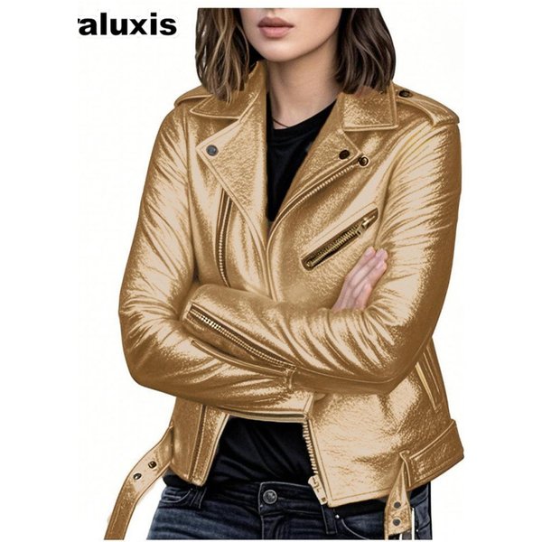 Chaqueta Abrigo De Cuero Oversize Para Mujer Primavera/OtoñO Ajuste Motociclista Chaqueta De Invierno Ajustada Ropa De Abrigo De Cuero PU Para Mujer Xxxl Oro-image