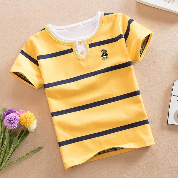 Letnia Odzież DziecięCa BawełNiany T-Shirt PodwóJny KołNierzyk OkrąGłY Dekolt KróTki RęKaw Paski Mundurek Przedszkolny Uczniowie 120Cm Yellow-image