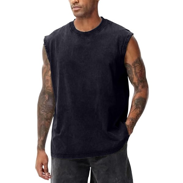 Camiseta Sin Mangas De Punto De AlgodóN Para Hombre Cuello Redondo Ajuste Holgado Informal BáSica Lisa Camisa Camiseta Interior Para Entrenar Estilo Streetwear M Negro-image