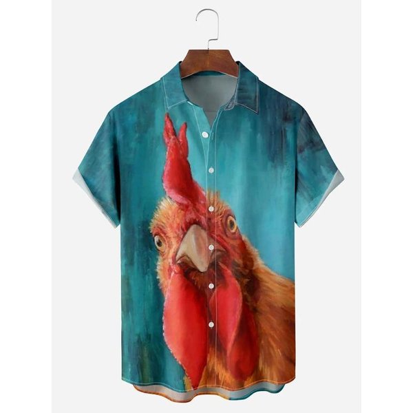 Camisa De Manga Corta Hawaiana Para Hombre Estampado De Pollo De Dibujos Animados Camisa Casual De Verano Para Hombre Moda Urbana Diaria Camisa De Manga Corta Para Hombre L Blue-image