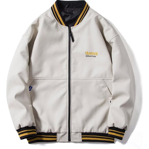 Chaqueta De Cuero PU Holgada Estilo Hong Kong Primavera Y OtoñO Chaqueta De Cuero VersáTil Estilo Coreano Para Hombre 3XL Blanco-image