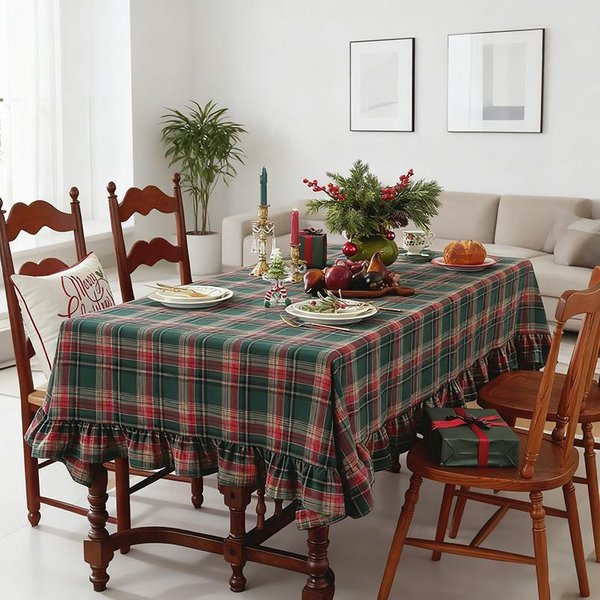Mantel De Navidad A Cuadros Buffalo Rojo Y Blanco Con Volantes Redondo/Rectangular Para Cocina Vintage, Comedor, Boda 150X180Cm-image