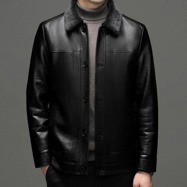 Chaqueta De Cuero Gruesa De Invierno De Talla Grande Para Papá De Mediana Edad Y Anciano Chaqueta De Cuero Genuino Abrigo De Hombre Chaqueta De Piel De Oveja Con Piel Integrada L Black-image