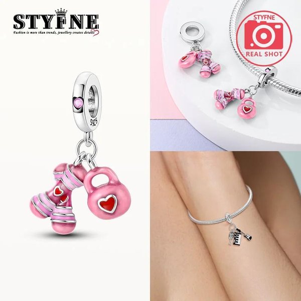 Colgante Cobre Rosa Yoga Mancuerna Pesa Rusa Cuentas Encaja Colgante Plata Pulseras AutéNticas JoyeríA Para Mujer FabricacióN Manual DIY Regalo-image