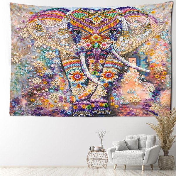 Tapiz De Elefante Con Cuentas De Colores Colgante De Pared Arte Pintura Abstracta Bohemio Dormitorio Sala De Estar DecoracióN Del Hogar 95X70Cm White-image