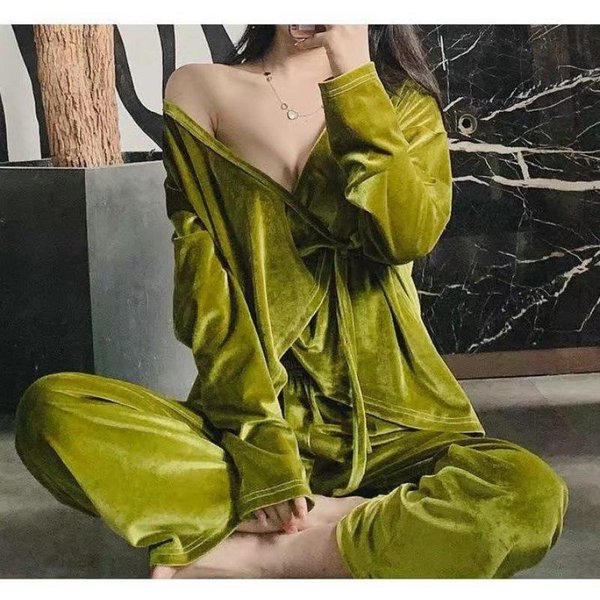 Ropa De Dormir De Terciopelo OtoñAl Velour Para Mujer Conjunto De Dos Piezas CáRdigan De Manga Larga Y PantalóN Traje Holgado Casual Ropa Para El Hogar Ropa De SalóN XL Brown-image