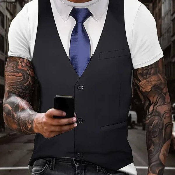 Camiseta Lisa De Manga Corta Con Estampado De Traje Y Corbata En 3D Para Ropa De Moda Masculina, Tops Streetwear De Alta Calle 4XL Black-image