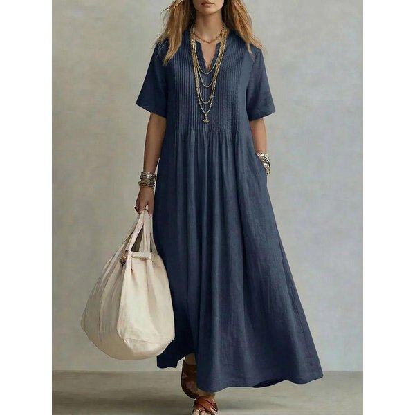 Vestido Casual Suelto De AlgodóN Y Lino Para Mujer Con Cuello En V, Mangas Cortas Y Volantes S Azul-image