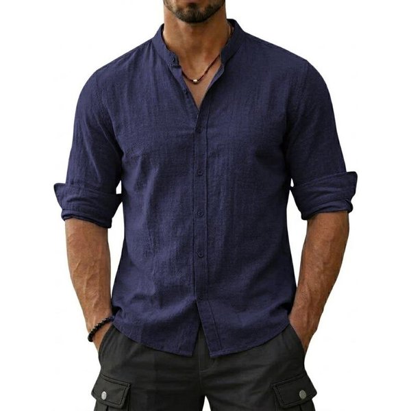 Nuevas Camisas De AlgodóN Y Lino Para Hombre Casual Lujo Hawaianas Ligeras Manga Larga Henley Camisas De Playa Camisetas Para Hombre L-image