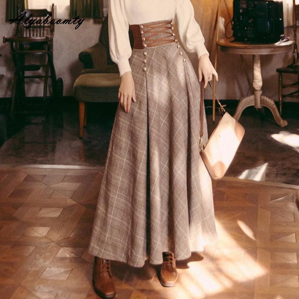 Angielski Styl Jesień Zima Kobiety Maxi DłUga CiepłA SpóDnica Wysoki Stan Bandaż Gruby Krata WełNiana SpóDnica Elegancka Kobieca WełNiana SpóDnica W KształCie Litery A XL Beige-image