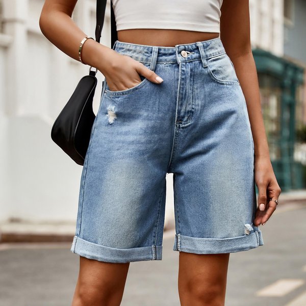 Jeans Agujeros Mujer Vintage Rectos Pantalones Quinto Largo Rodilla Desgastados Lavados Cintura Media Bolsillos Vaqueros Femeninos Streetwear L Azul-image