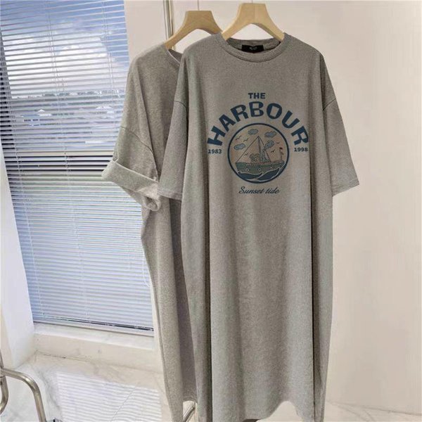 BawełNiana Sukienka Z KróTkim RęKawem DłUga LuźNa DużY Rozmiar Do Kolan T-Shirtowa SpóDnica Casualowa Sukienka ŚRedniej DłUgośCi Kobiety L Gray-image