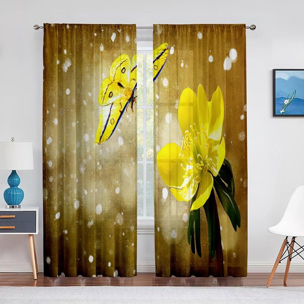 Cortina Transparente Floral Mariposa Azul Primavera Para Sala De Estar Dormitorio Hogar Cocina Cortinas De Gasa Tul DecoracióN Para Ventanas 1 PCS W100Xh250Cm&Grommet Top-image