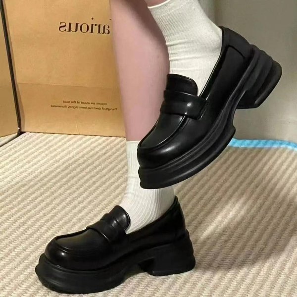 Buty Damskie GorąCa Sprzedaż Mokasyny Damskie Wysokie Obcasy Platforma Casual CzółEnka Damskie Jednolite OkrąGłY Nosek ŚRedni Obcas Wsuwane Buty Damskie 40 Black-image