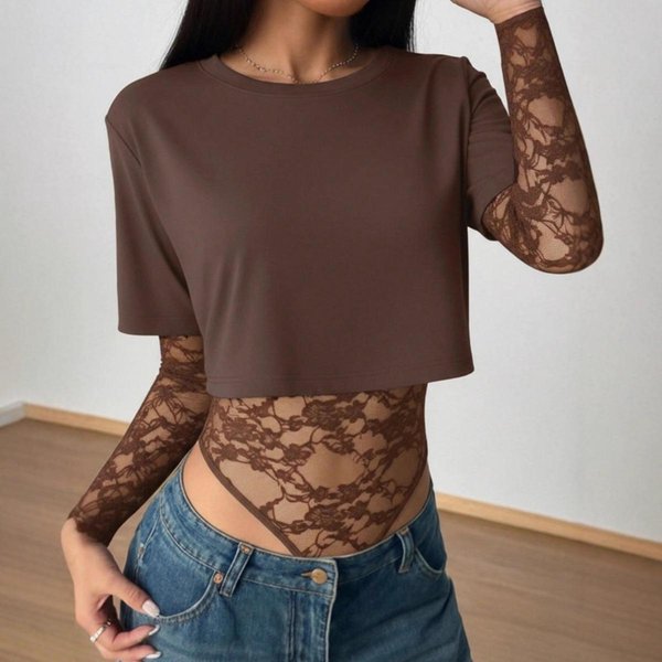 Damski Bodysuit Z OkrąGłYm Dekoltem I KróTkim RęKawem, Patchwork Z Koronki Kwiatowej, Dopasowany KróJ, Y2K, Seksowny KróTki Top M Black-image