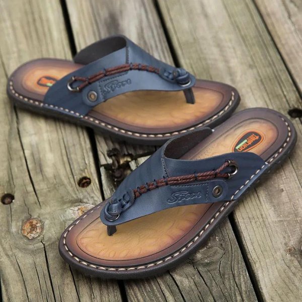 2024 Nuevas Zapatillas De Cuero De Verano Hechas A Mano, Chanclas De Moda Para Hombre, Para Exterior, Transpirables, CóModas, Sandalias Sencillas Para Hombre 43 Azul-image