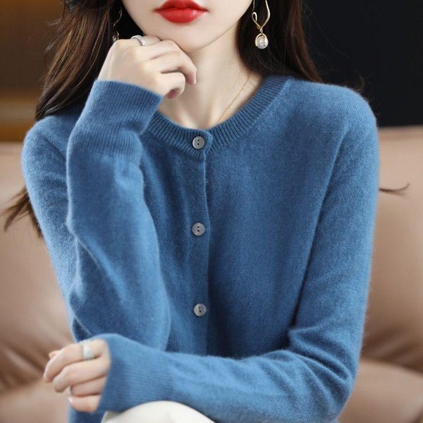 Damski Kardigan Kaszmirowy Z OkrąGłYm Dekoltem 100% WełNa Merino Sweter Zapinany Na Guziki Z DłUgim RęKawem Dzianina Na Wiosnę Jesień GłAdki Podstawowy Top Odzież XXL-image