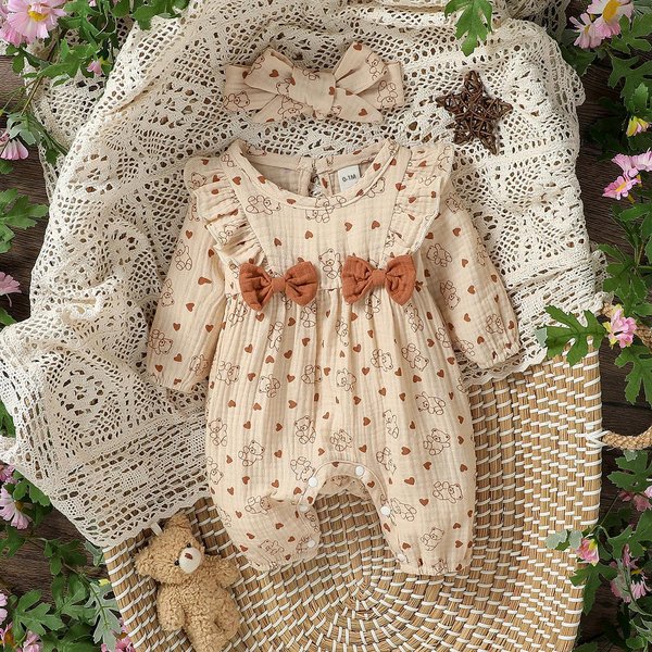 Mono Floral Estampado De Manga Larga Para Bebé NiñA Todas Las Estaciones Con Lazo Ropa Diaria Para ReciéN Nacido-6M + Diadema 1-3M Gray-image