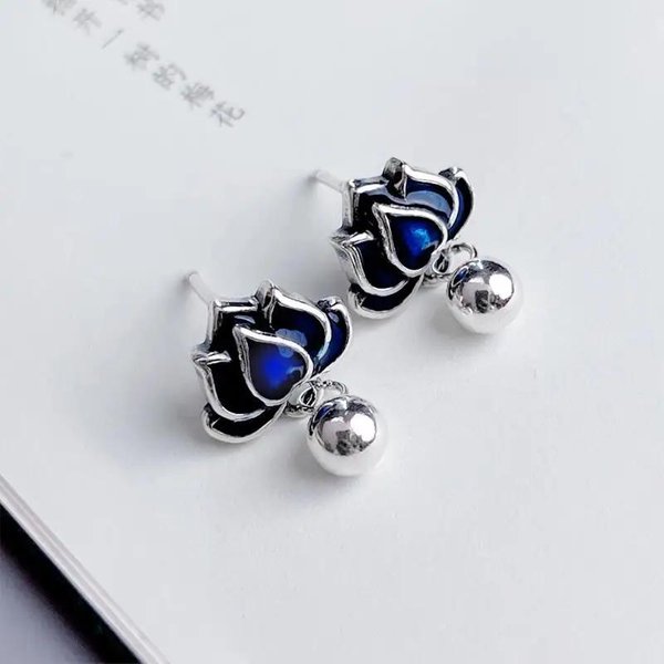 Pendientes De Flor De Loto Azul Para Mujer Frescos Vintage CláSicos Arte Esmalte Borla Pendientes Cortos De BotóN JoyeríA De Fiesta Regalos-image