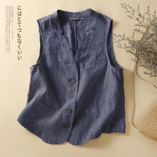 Chaleco De Lino Y AlgodóN Para Mujer, Informal, Holgado, Liso, Con Cuello En V, Sin Mangas, Con Botones Y Bolsillo, Ideal Para Ir Al Trabajo. XL-image