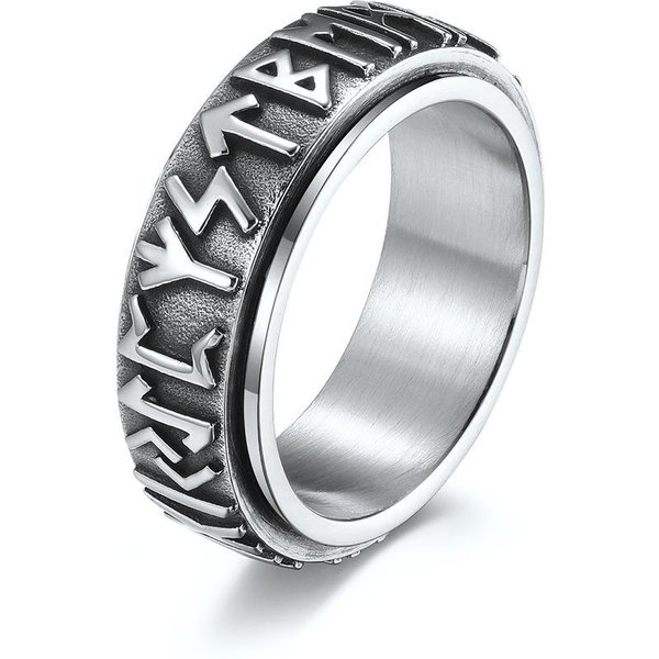 Anillo Giratorio De Acero Inoxidable Con Texto De Runas NóRdicas Retro DescompresióN Acero De Titanio 9# Gray-image