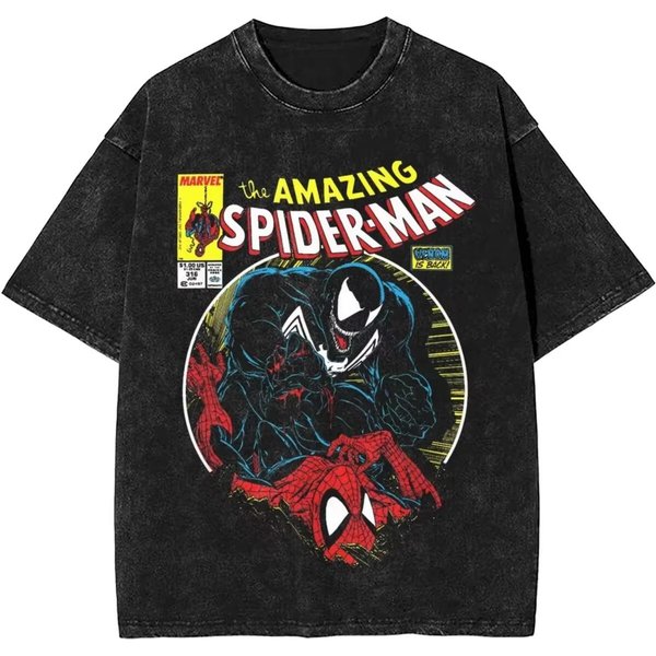 T-Shirt Z Nadrukiem Spider-Man I Venom, Prany, Oversize, Moda Y2K, Casualowy, Neutralny, KróTki RęKaw, Prany, Retro, LuźNy T-Shirt Xxxl Czarny-image