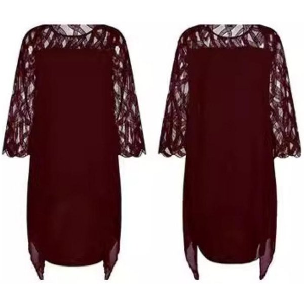 Koronkowa Patchworkowa Letnia Plus Size Casualowa Sukienka Szyfonowa Damska Moda KróTki RęKaw Nieregularna Jednolita LuźNa Sukienki Damskie Elegancka Sukienka Damska Linia A 25547 6XL Burgund-image