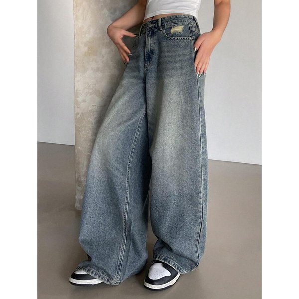 Jeansy Retro High Street Prane Stare Proste LuźNe Szerokie Nogawki Proste Codzienne Spodnie 34 Niebieski-image