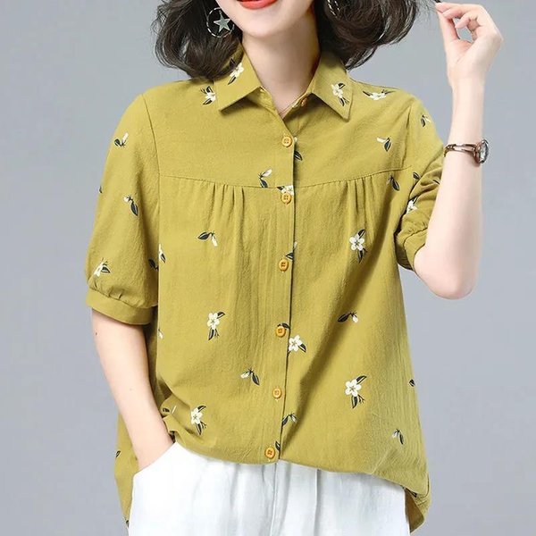 Camiseta De AlgodóN Puro Talla Grande Para Mujer Holgada Estilo Occidental Manga Corta Verano Top Para Madre De Mediana Edad M Amarillo-image