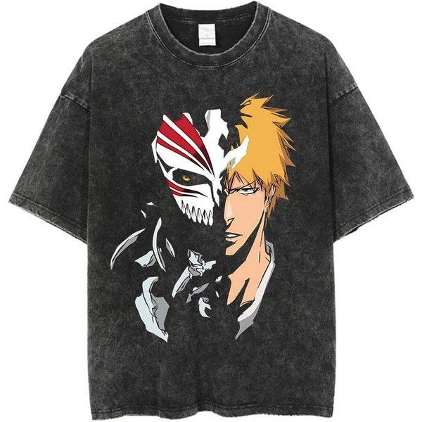 Anime Bleach Prany T-shirt Harajuku Streetwear Vintage Graficzny T-shirt Lato KróTki RęKaw BawełNa MęSki Damski Top Koszulka L Black-image