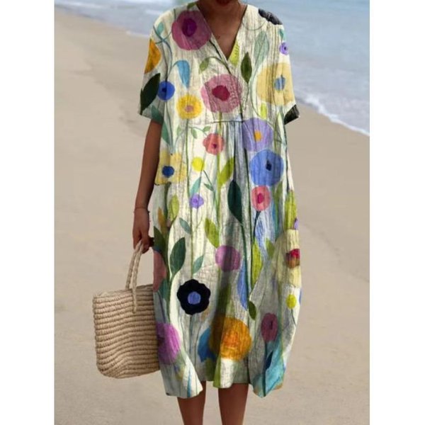 Vestidos Casuales De Moda De Verano Primavera De Manga Corta Con Cuello En V Para Mujer Ihuasu L Beige-image