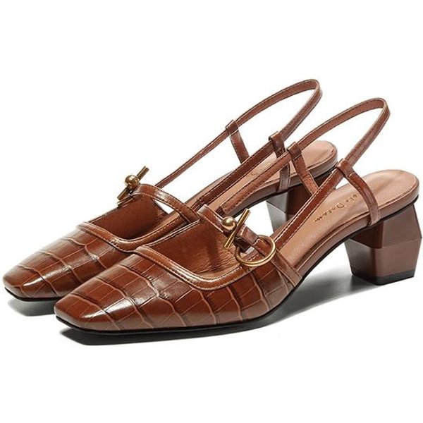 Primavera / Verano Nuevos Zapatos De Mujer De Cuero Genuino Punta Cuadrada Correa Con Hebilla Zapatos De SalóN Sandalias De Mujer Mary Jane Tacones Gruesos De Mujer 42 Brown-image