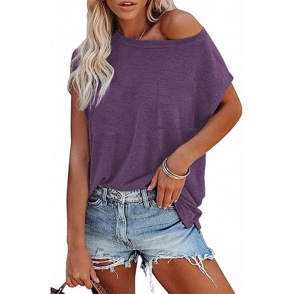 Camiseta De Verano Para Mujer, Top De Manga Corta Con Cuello Redondo Sin Tirantes Y Bolsillo De Color Liso S PúRpura-image