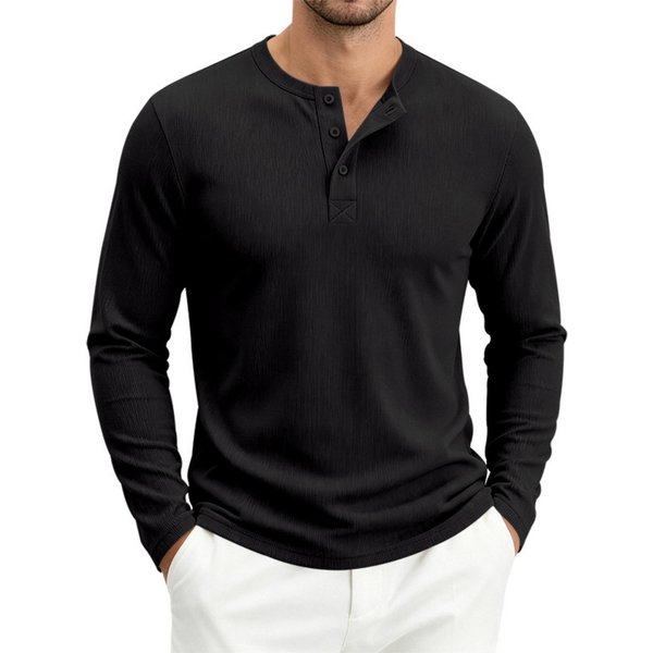 MęSka Koszulka Henley Z DłUgim RęKawem, LuźNy KróJ, PrążKowana, OddychająCa, Z ZapięCiem Na Guziki, Casualowy Sweter M Czarny-image