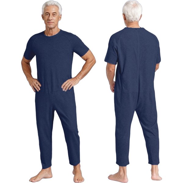 Mono Adaptativo Para Hombre XS-3XL: Color SóLido Cuello Redondo Manga Corta Con Cierre De Cremallera En La Espalda Para Necesidades Especiales Y Pacientes Mayores XL Blue-image