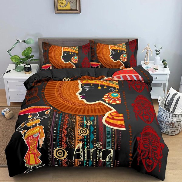 AfrykańSki Etniczny Zestaw PośCieli PomarańCzowy Styl Boho Poszwa Na KołDrę King Queen Vintage Kobieta Poliestrowa Poszwa Na KołDrę Dla NastolatkóW DorosłYch 150X200Cm 3Pcs-image