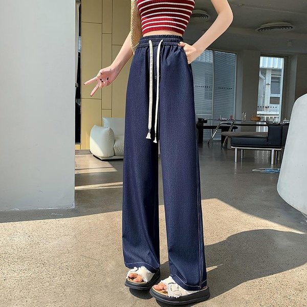 Pantalones Vaqueros Para Mujer De Cintura Alta Verano Sueltos Finos Rectos Skinny De Pierna Ancha 2XL Azul Oscuro-image