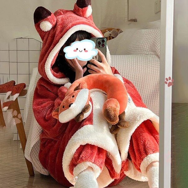 Pijama De Zorro Con Dibujos De Animales Para Mujer, De Invierno, De Forro Polar Coral Grueso, De Una Pieza, De Felpa, Bonito, Largo, Con Capucha, Talla Grande, Para El Hogar XL White-image