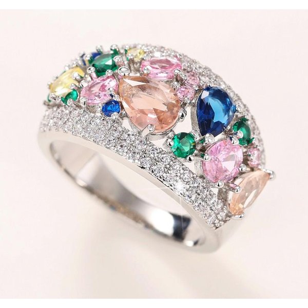 Huitan Anillos De Mujer Con Circonita CúBica Multicolor De DiseñO Reciente Boda Compromiso Accesorios De Lujo Regalo Elegante JoyeríA De Moda 7 White-image