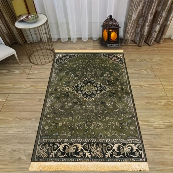 MuzułMańSki Dywanik Do Modlitwy, Retro Zielony WzóR Boho, Zmywalny, PodróżNy, PrzenośNy, SkłAdany, Lekki, Na Eid Salah, Prezent 50X100Cm(20X39Inch Gray-image