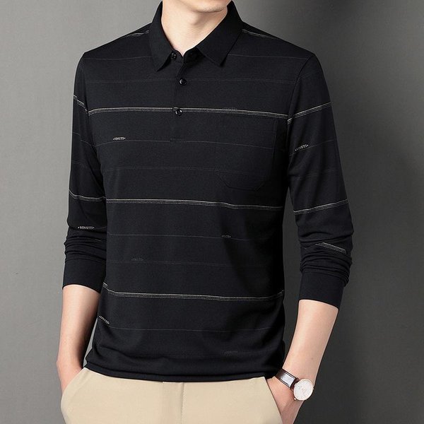 Camiseta De Manga Larga Para Primavera Y OtoñO Para Hombre Con Cuello De Solapa Bolsillo Para Hombres De Mediana Edad Camiseta PulóVer A Rayas Camisa Polo Para Hombre Xxxxl Black-image