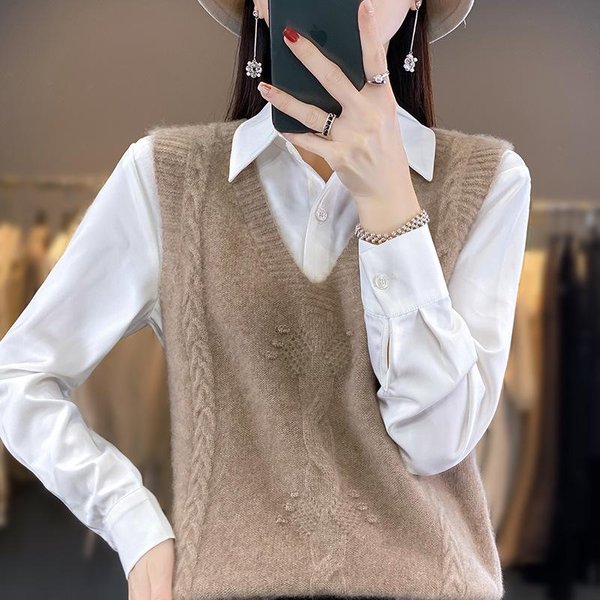 Sweter Dzianinowy Bez RęKawóW Z Dekoltem W Serek Damska Jesienno-Zimowa Moda Wszechstronna Kamizelka Bez RęKawóW ŻAkardowy Top Bazowy XXL Gray-image