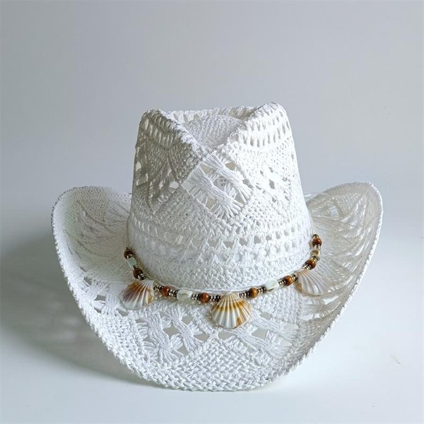 Sombrero De Paja Bohemio De Conchas De Verano Playa Mujeres Hombres Sombreros De Vaquero Cuentas De Madera Hueco Sombrero De Sol De Ala Ancha Occidental Gorra De Vacaciones 55-58CM White-image