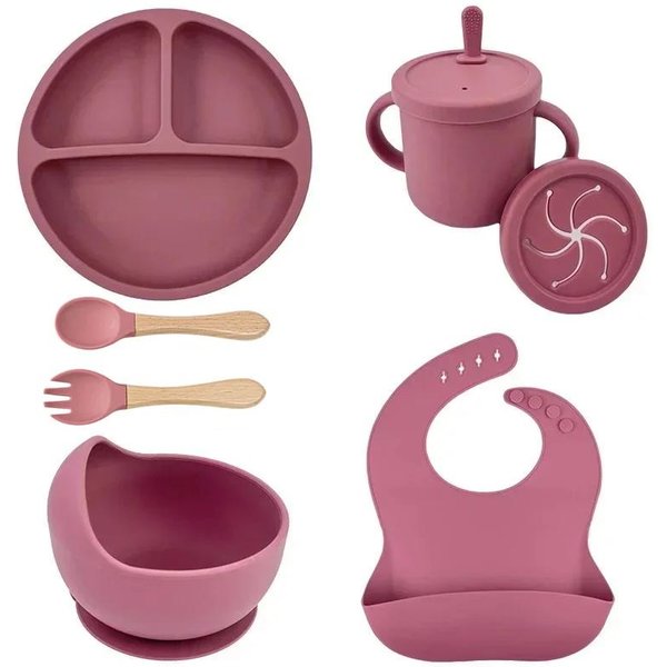 Set De Vajilla Infantil De Silicona De Grado Alimenticio Bol Para AlimentacióN De BebéS Plato Con Ventosa Taza Con Pajita Cuchara Tenedor De Madera Para Vajilla Infantil Platos Para NiñOs PequeñOs-image