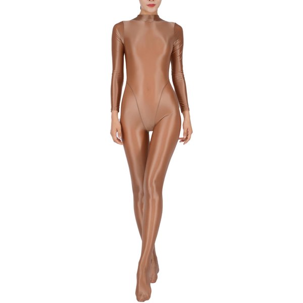 Mono Deportivo De Cuerpo Entero Para Mujer, Para Gimnasio, Yoga, Mallas, Cuello Alto, Manga Larga, Con Pies, Mono De Una Pieza, Ropa Deportiva Para Club 3XL Café-image
