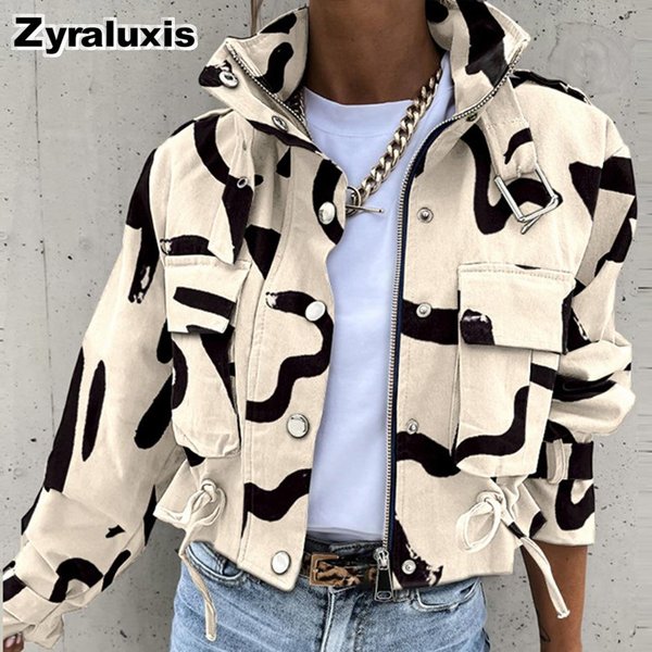 Jesień Zima Nowa Damska Moda Drukowana KróTka Casualowa Kurtka Top 2XL-image