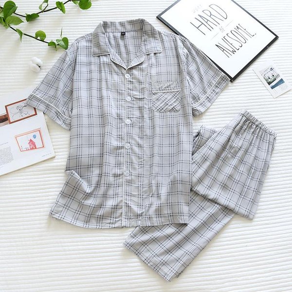 Pijama De Hombre De Manga Corta Y PantalóN Corto De Dos Piezas 100% Viscosa Primavera Y Verano Fino A Cuadros Talla Grande Servicio A Domicilio M Gray-image
