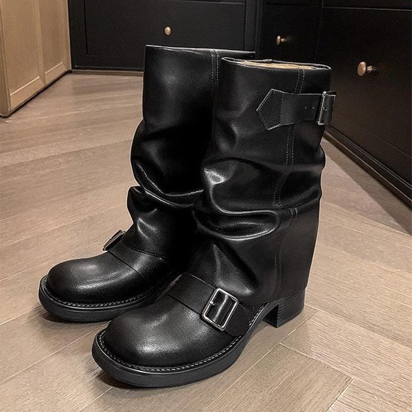 Botas De Caballero Con Hebilla Plisada Para Mujer OtoñO MarróN Cuero PU Botas De Media CañA Mujer Slip-On TacóN Grueso Botas De Montar 39 Black-image