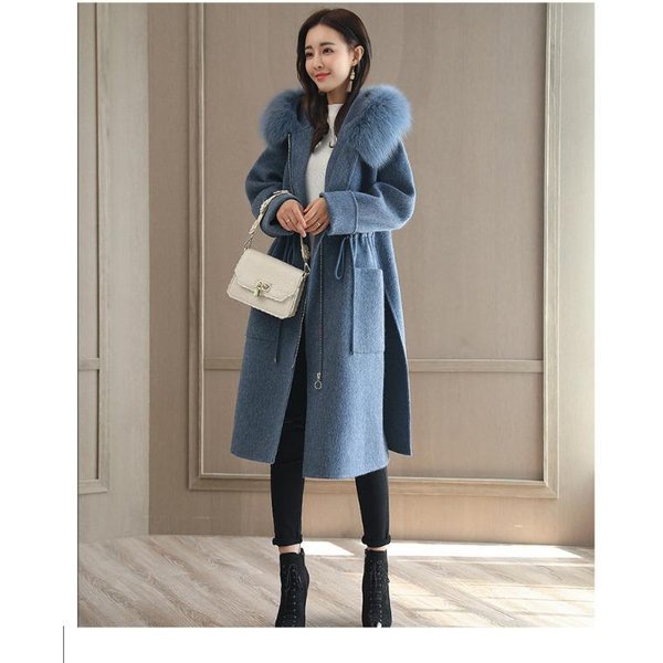 Abrigo De Lana Gruesa Para Mujer, Abrigo Largo Con Cuello De Piel, OtoñO E Invierno 3XL Gray-image