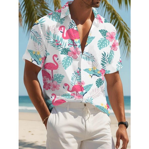 Camisa De Manga Corta Para Hombre Con Estampado De Flamenco Y Flores BotáNicas Hawaianas Cuello Camisero Camisa De Playa Top Moda Casual Camisas Tops De Secado RáPido S-image